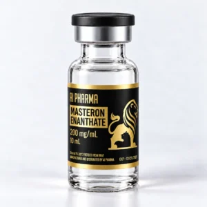 AI Pharma Trenbolone Enanthate 200 mg/mL in a 10 mL vial with a black cap, chrome collar and gold lion label.