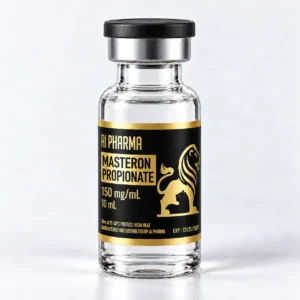 AI Pharma Masteron Propionate 150 mg/mL in a 10 mL vial with a black cap, chrome collar and gold lion label.