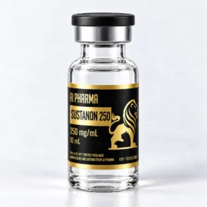 AI Pharma Sustanon 250 250 mg/mL in a 10 mL vial with a black cap, chrome collar and gold lion label.