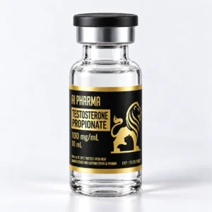 AI Pharma Testosterone Propionate 100 mg/mL in a 10 mL vial with a black cap, chrome collar and gold lion label.