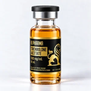 AI Pharma Trenbolone Acetate 100 mg/mL in a 10 mL vial with a black cap, chrome collar and gold lion label.