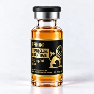 AI Pharma Trenbolone Enanthate 200 mg/mL in a 10 mL vial with a black cap, chrome collar and gold lion label.